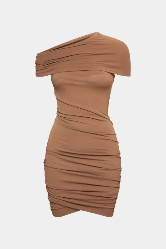 Asymmetrical Ruched Short Sleeve Mini Dress sold by Micas