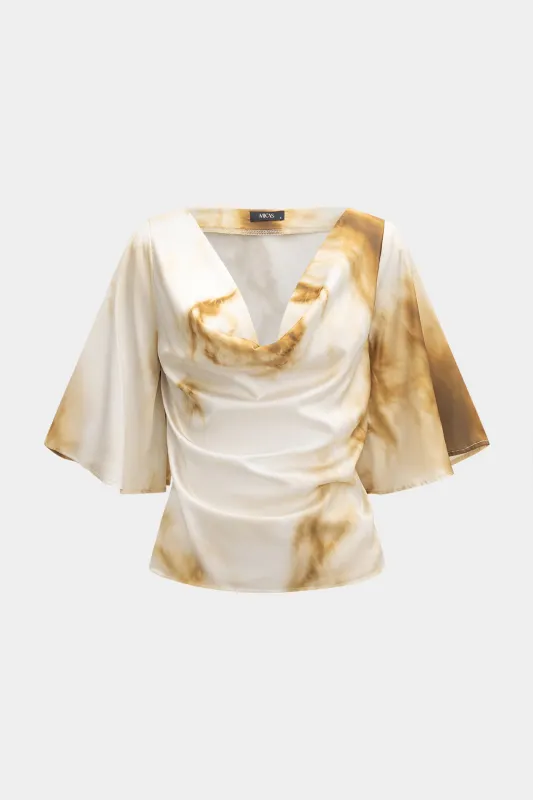 Satin Abstract Print Bell Sleeve Cowl Neck T-shirt sold by Micas