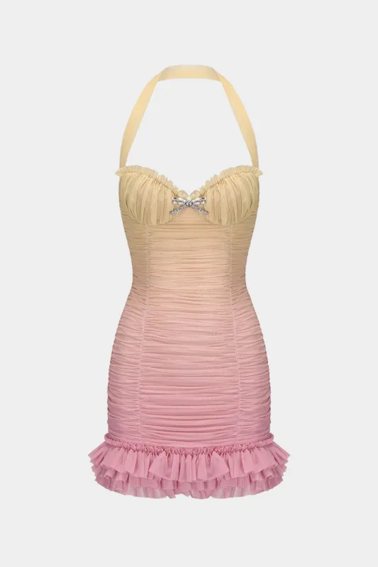Ombre Print Halter Bustier Ruched ærmeløs mini kjole sold by Micas
