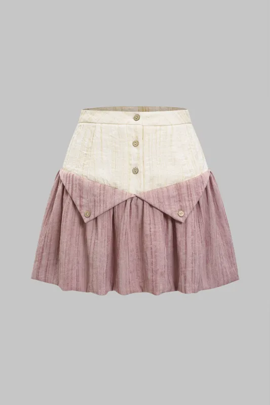 Linned høj talje knap patchwork nederdel sold by Micas