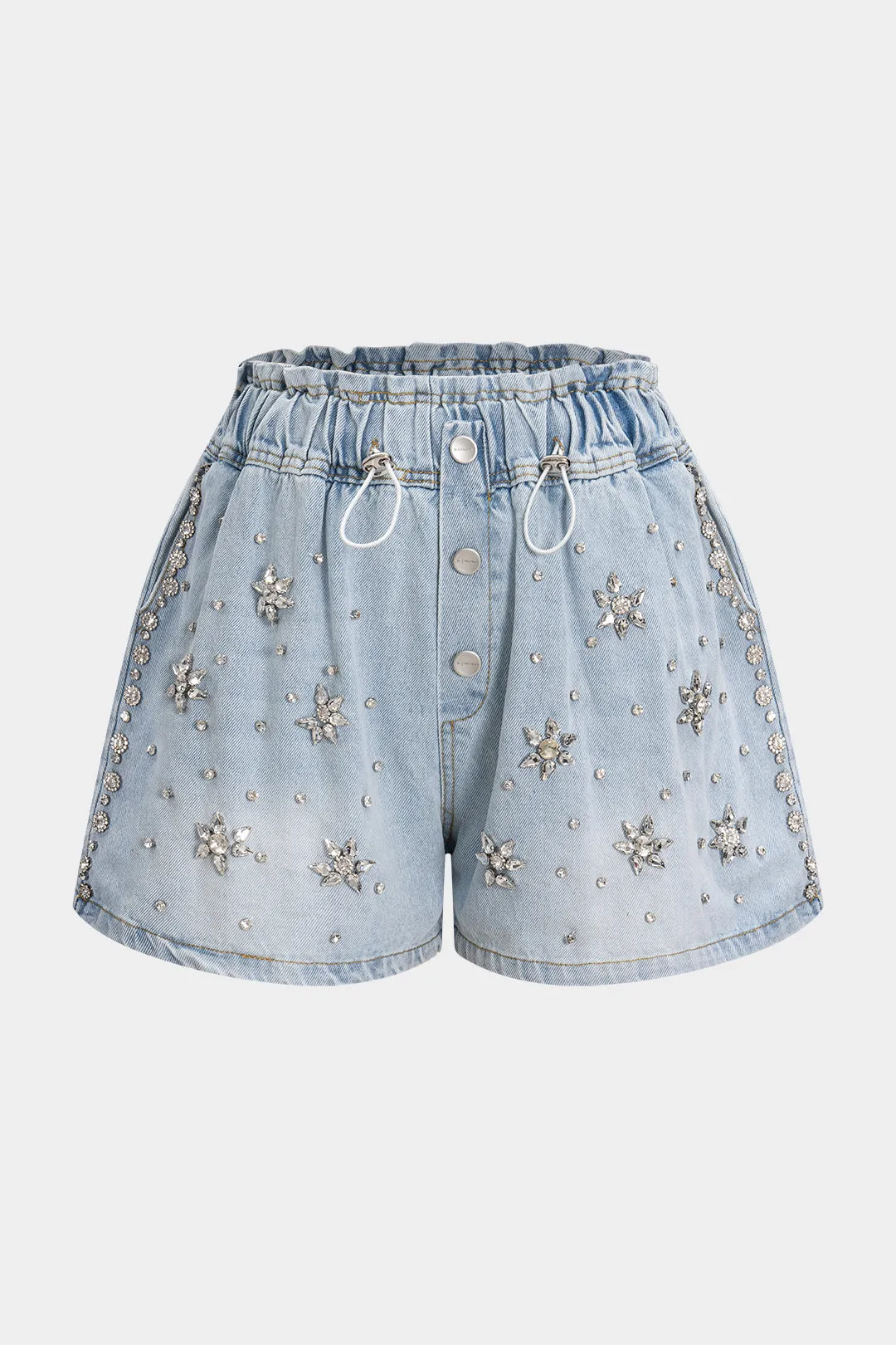 Denim rhinestone høje talje shorts sold by Micas