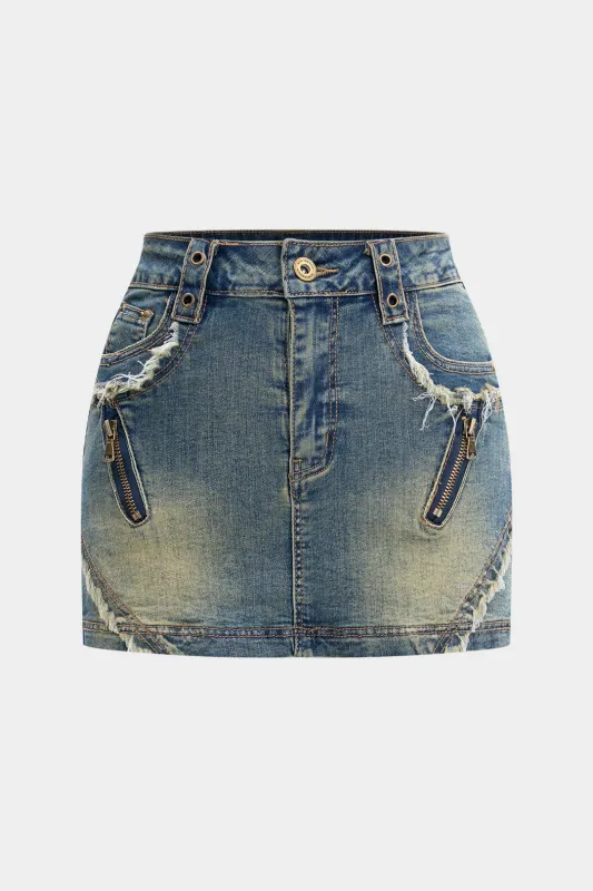 Denim frynse lynlås nederdel sold by Micas
