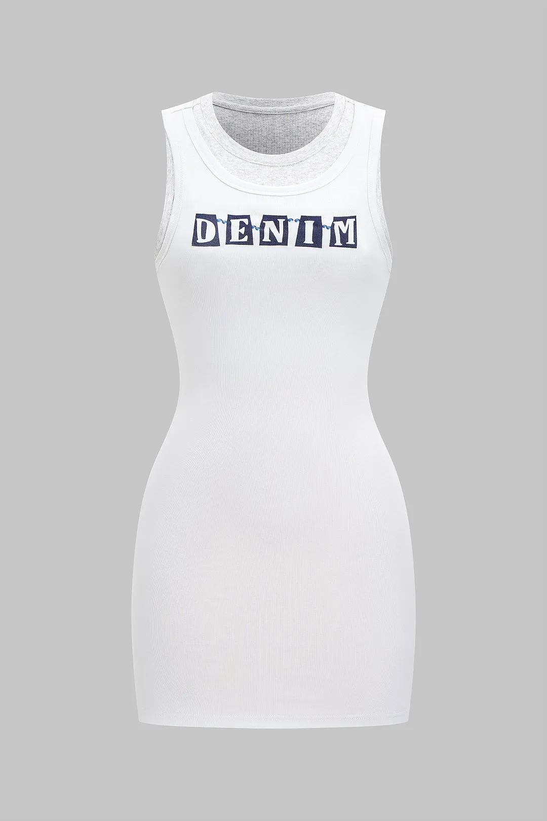 Brevprint patchwork ærmeløs mini kjole sold by Micas