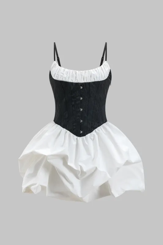 Jacquard kontrast patchwork ruched ærmeløs slip mini kjole sold by Micas