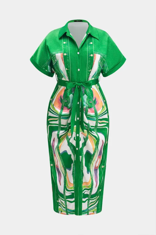 Plus størrelse abstrakt print satin slips frontknap ruched kortærmet midi kjole sold by Micas