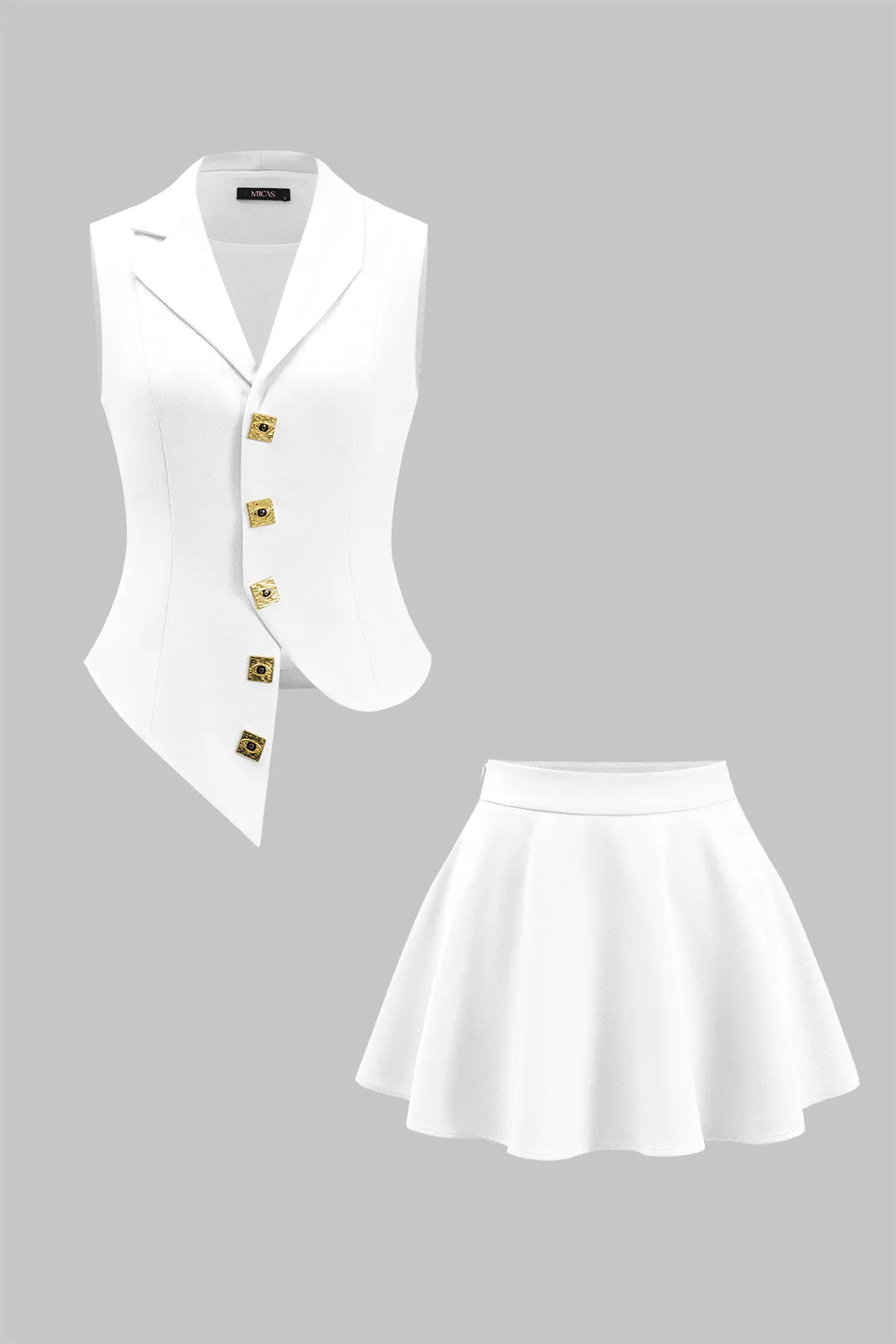 Metallisk asymmetrisk vest og nederdel sæt sold by Micas