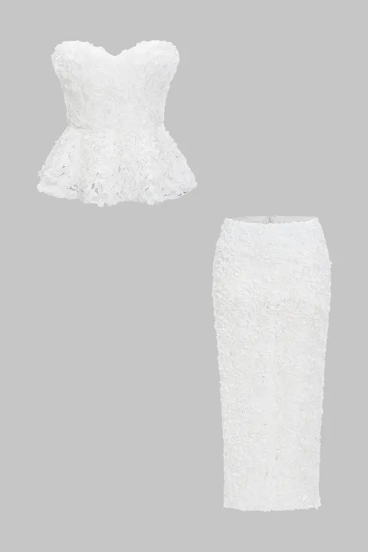 3D Floral Strapless Tube Top And Zipper Detail Slit Skirt Set sold by Micas