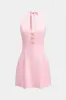 Linen V-Neck Halter Neck Tie-Up Metallic Button Backless Sleeveless Mini Dress sold by Micas