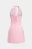 Linen V-Neck Halter Neck Tie-Up Metallic Button Backless Sleeveless Mini Dress sold by Micas
