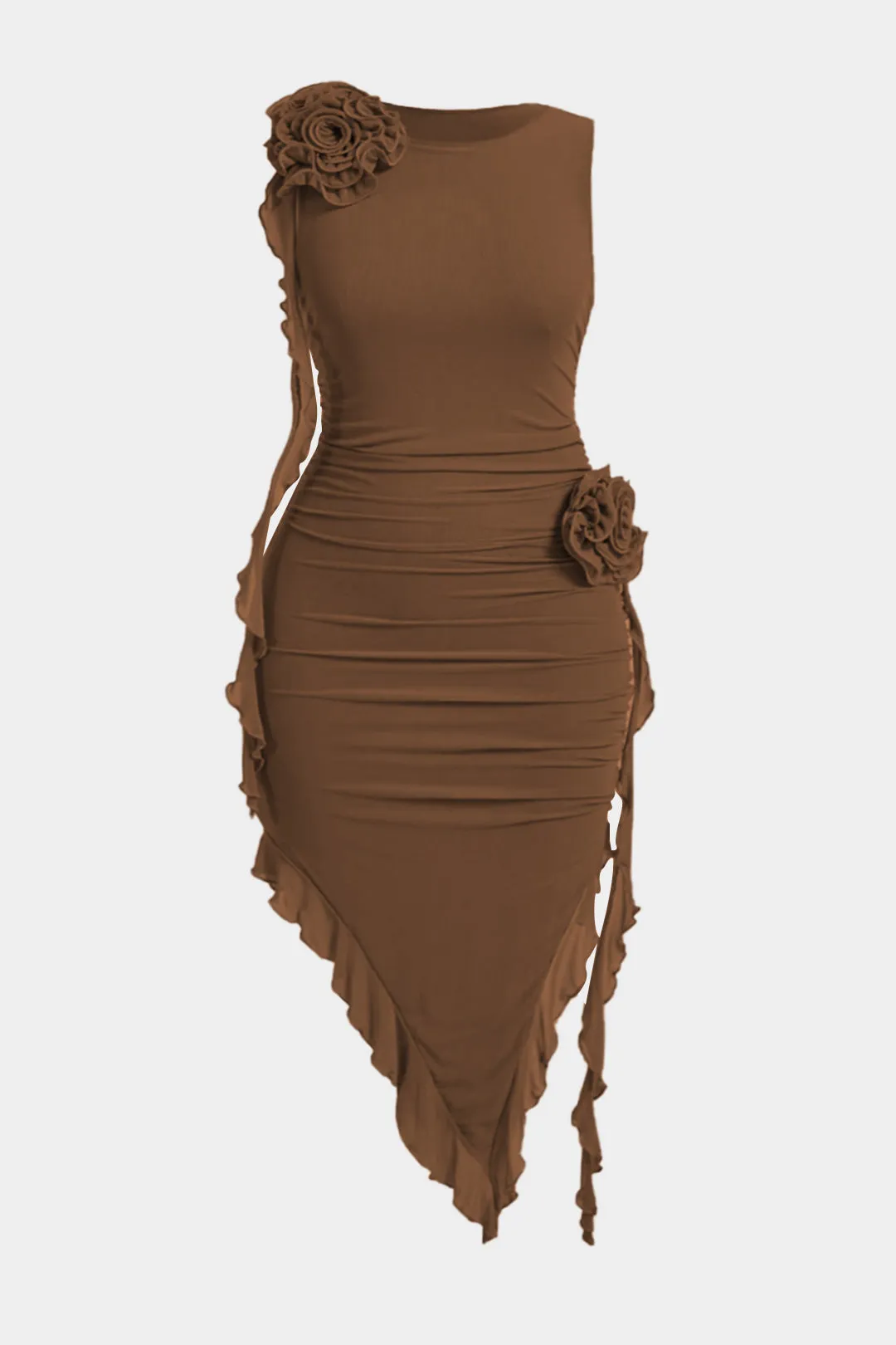 Plus størrelse mesh 3d blomster rund hals asymmetrisk midi kjole sold by Micas