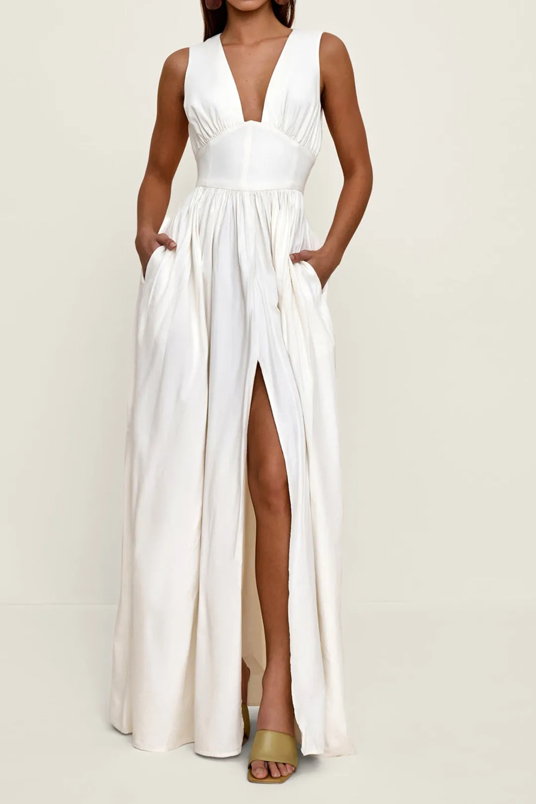 Ruched Tie Back Side Slit V-Neck Sleeveless Maxi Dress sold by Micas