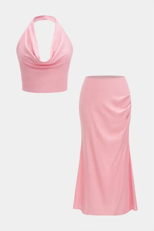 Linen Cowl Neck Halter Tie Back Backless Ruched Tank Top And Skirt Set sold by Micas