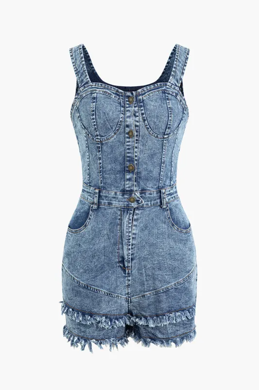 Denim bustier knap flosset ærmeløs romper sold by Micas