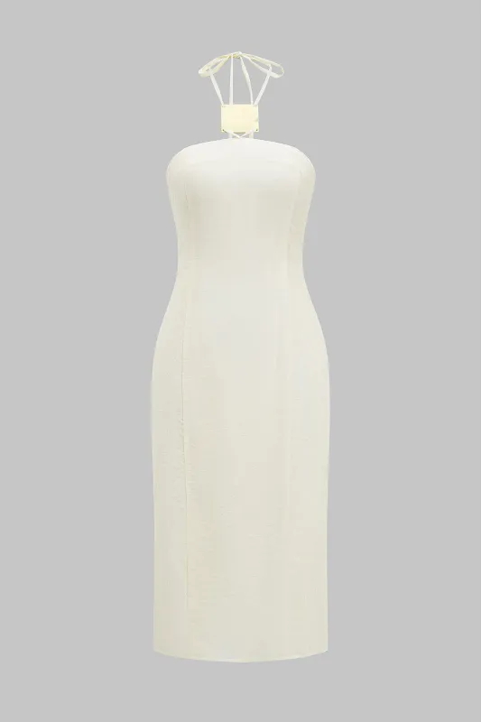 Linen Metallic Decor Halter Neck Tie-Up Slit Sleeveless Midi Dress sold by Micas