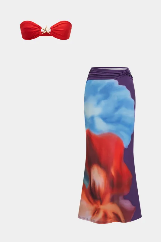 Metallisk indretning Stropløs top og abstrakt blomsterprint Ruched nederdel sæt sold by Micas