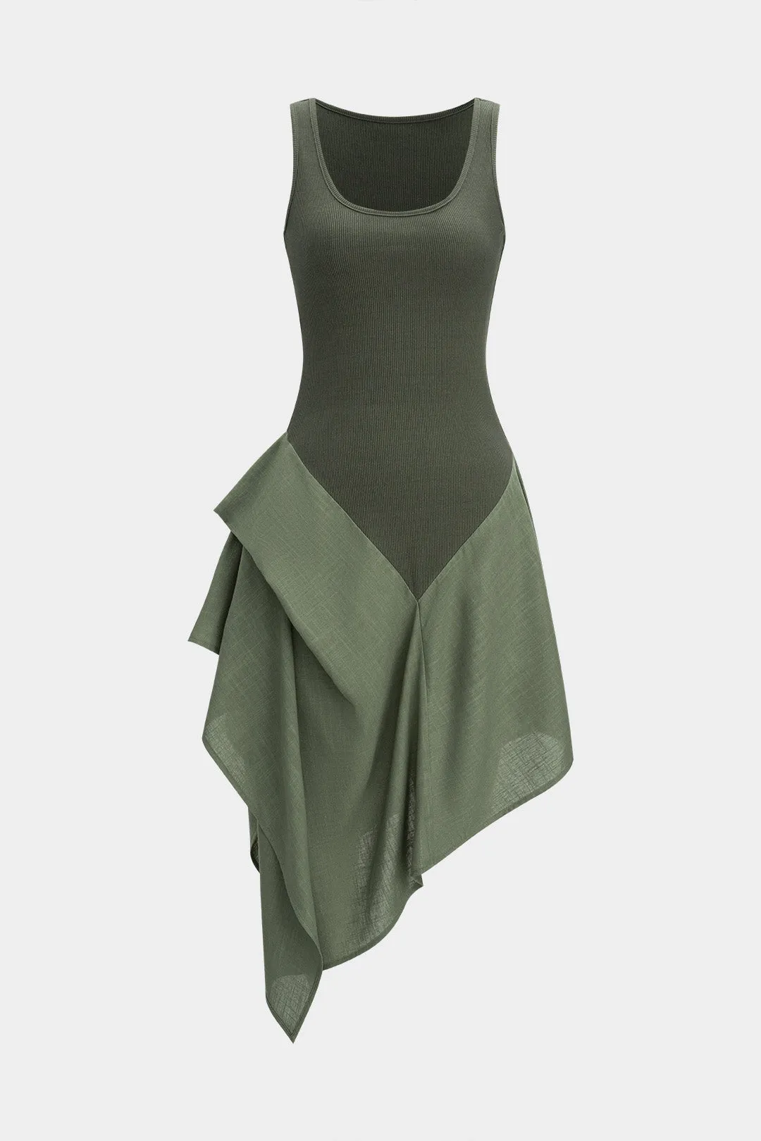 Linned patchwork ruched asymmetrisk ærmeløs maxi kjole sold by Micas