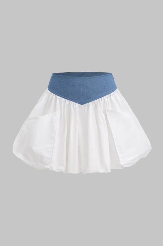 Denim patchwork ruched lomme nederdel sold by Micas