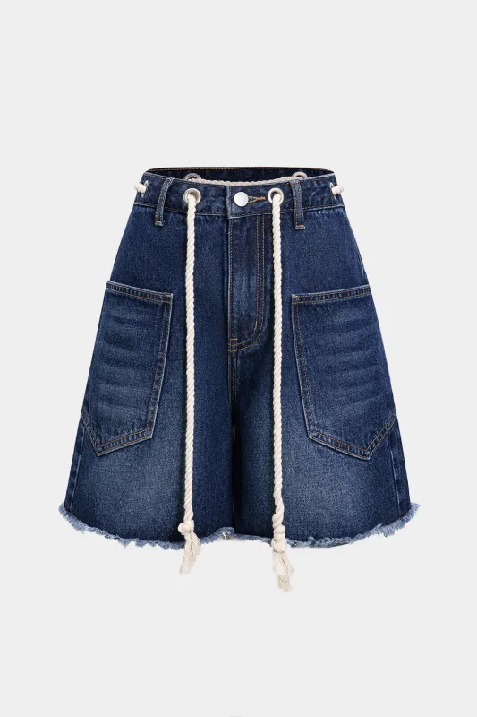 Denim Drawstring High Waist Frayed Shorts sold by Micas