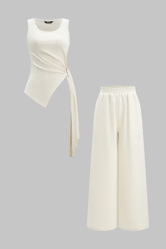 Tie Front Ruched Asymmetrical Tank Top And Wide Leg Trousers Set sold by Micas