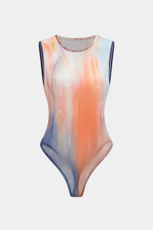 Ombre Contrast Print Mesh Sleeveless Bodysuit sold by Micas