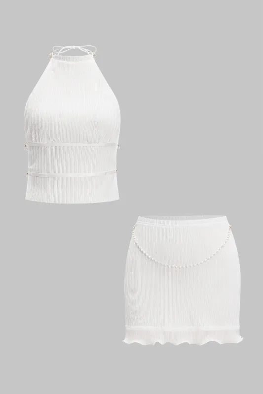 Rygfri perle kæde halter hals ærmeløs tank top og nederdel sæt sold by Micas