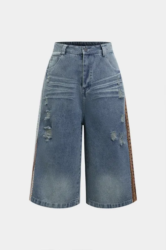 Denim rippede patchwork shorts sold by Micas