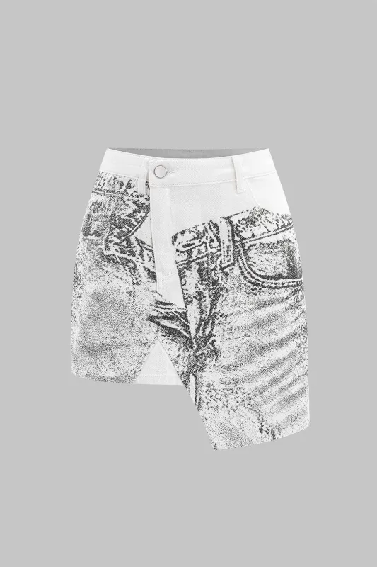 Denim Abstract Print Asymmetrical Skirt sold by Micas