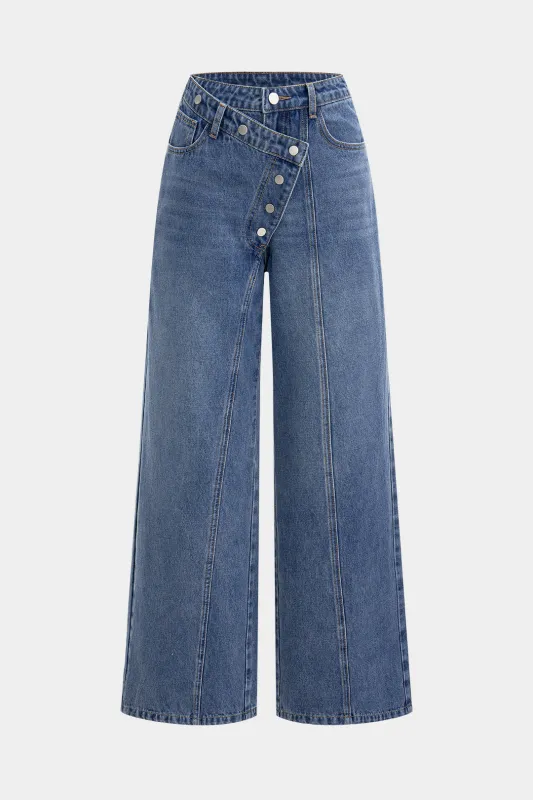 Denim Button Asymmetrical High Waist Straight Leg Jeans sold by Micas