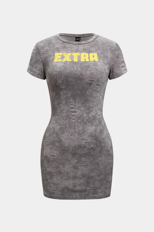 Letter Print Washed Short Sleeve Mini Dress sold by Micas