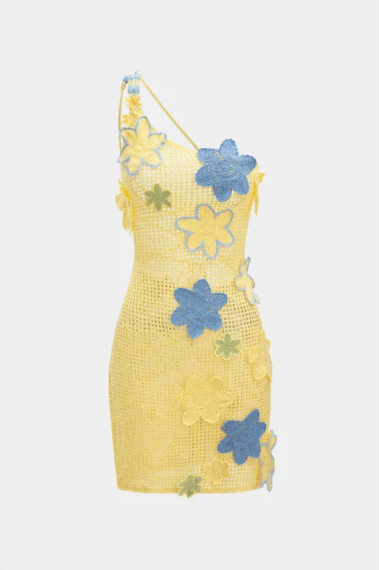 Strik asymmetrisk beaded 3d blomsterhul ud rygfri ærmeløs kjole sold by Micas