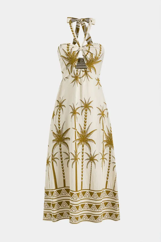 Coconut Palm Print Ruched Tie-Up Cut Out Sleeveless Maxi Dress sold by Micas