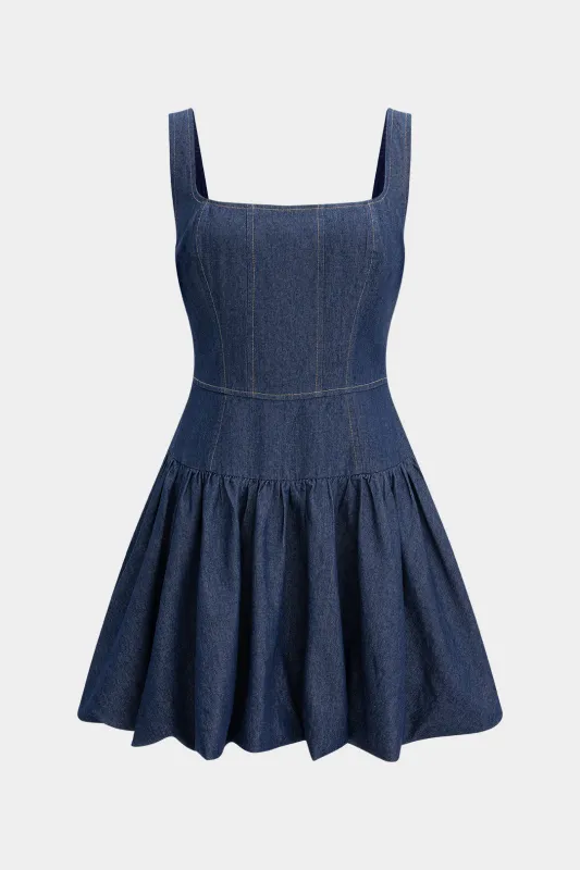 Denim Square Neck Ruched Sleeveless Dress sold by Micas