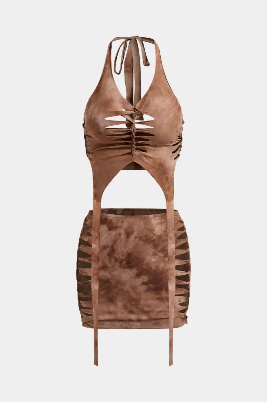 Tie farvestof udskriv udskåret halter halstank top og nederdel sæt sold by Micas