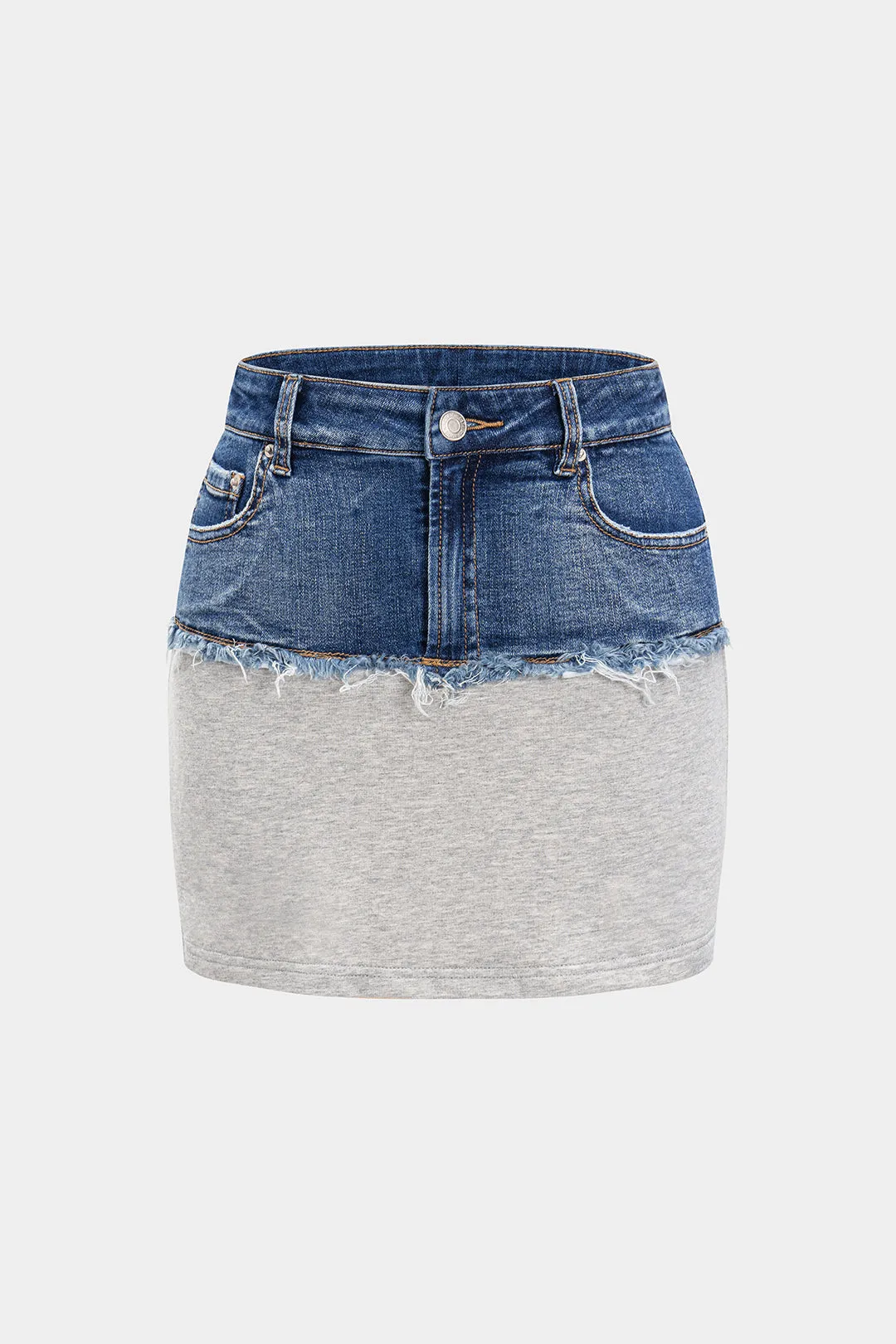 Denim flosset patchwork nederdel sold by Micas