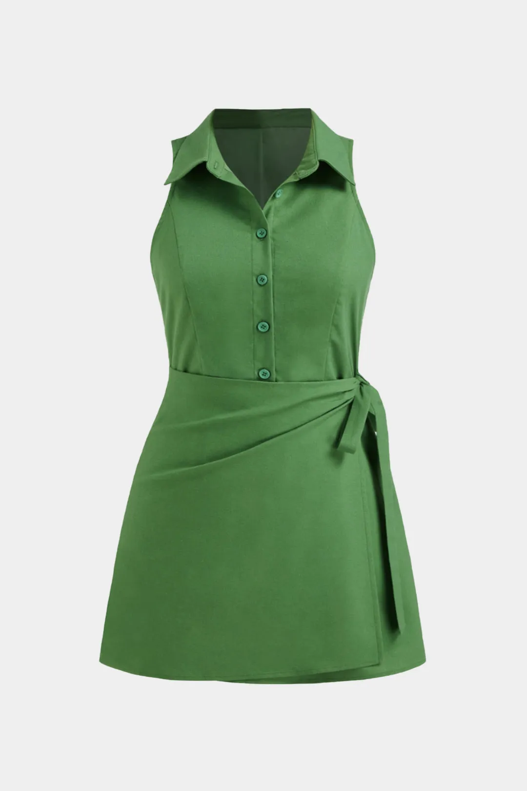 Plus størrelse linned bind front ærmeløs mini kjole sold by Micas