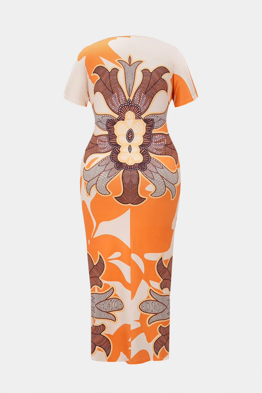 Plus størrelse bohemsk tryk ruched v-hals kort ærme spalte midi kjole sold by Micas product image thumbnail 2