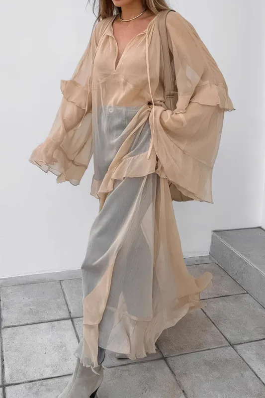 Mesh Sheer Tie-Up Ruffle Langærmet maxi kjole sold by Micas