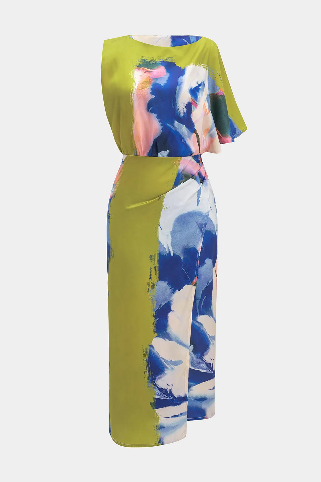 Abstrakt print satin asymmetrisk kortærmet maxi kjole sold by Micas