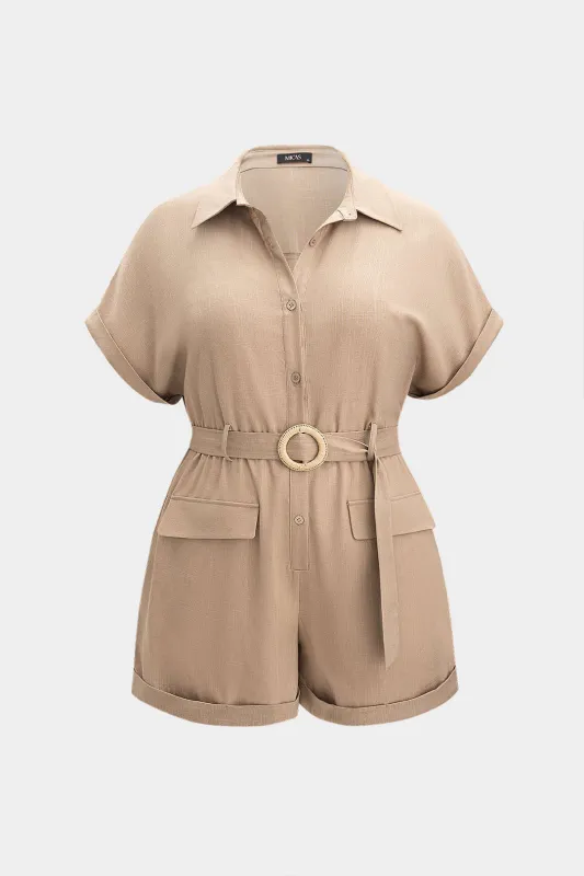 Plus størrelse linned knap bæltet kortærmet romper sold by Micas