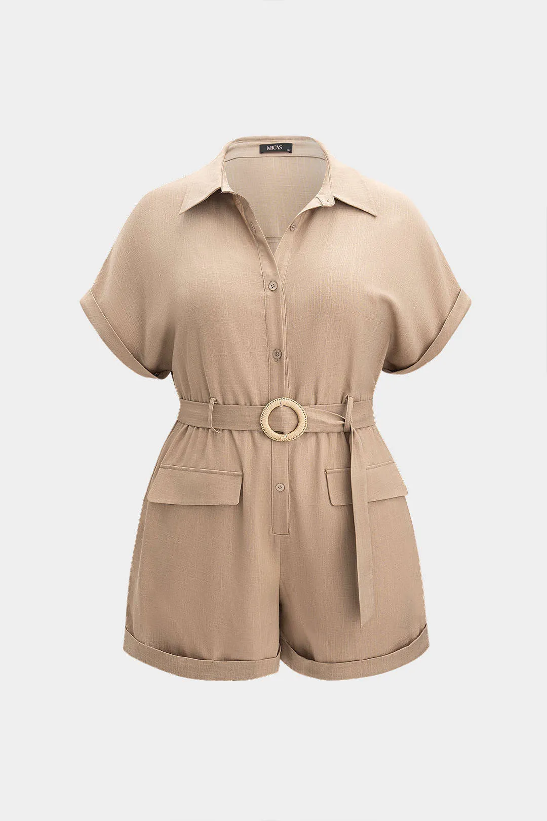 Plus størrelse linned knap bæltet kortærmet romper sold by Micas