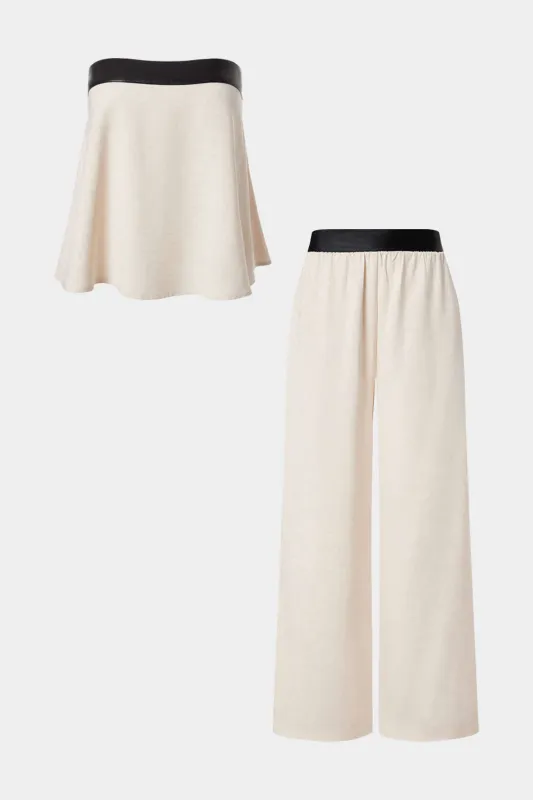 Contrast Faux Leather Linen Patchwork Tube Top And Trousers Set sold by Micas