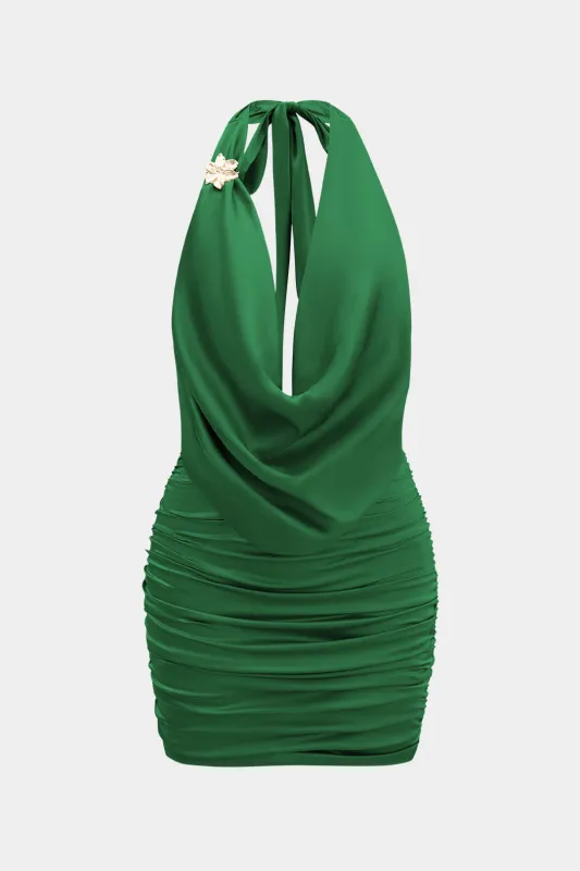 Satin Draped Cowl Neck Halter Metallic Decor Sleeveless Ruched Mini Dress sold by Micas