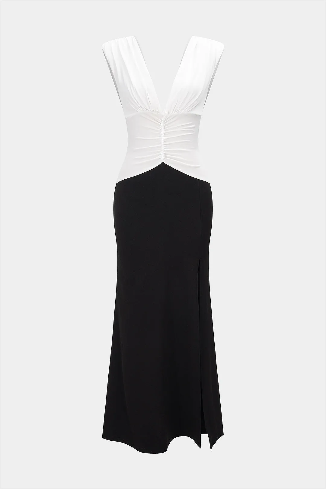 Kontrast V-hals ruched spalt ærmeløs midi-kjole sold by Micas