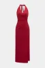 Tie-up halter hals v-hals ruched rygfri ærmeløs spalte maxi kjole sold by Micas