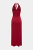 Tie-up halter hals v-hals ruched rygfri ærmeløs spalte maxi kjole sold by Micas