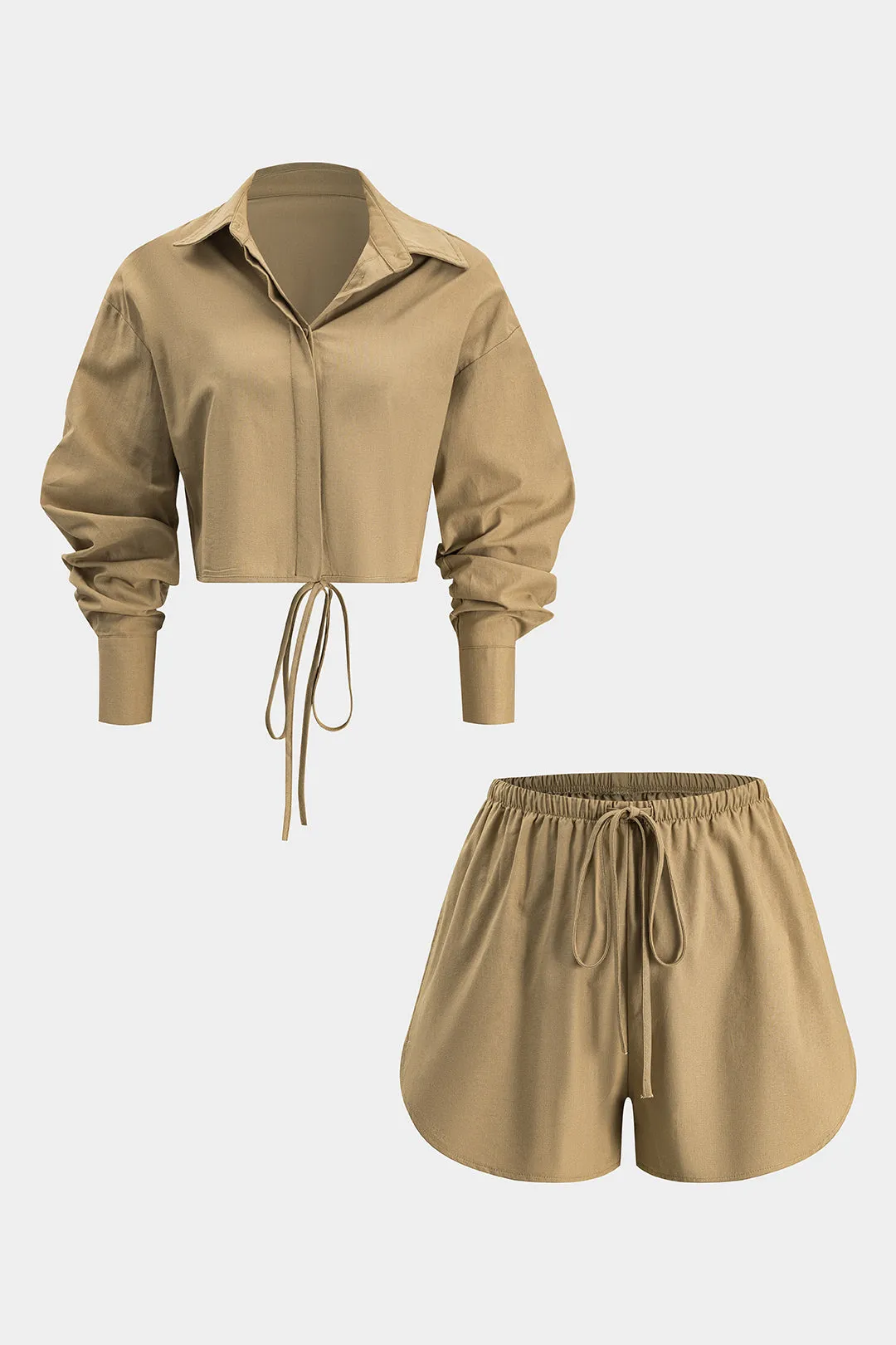 Bindet ruched langærmet top og tegningshorts sæt sold by Micas