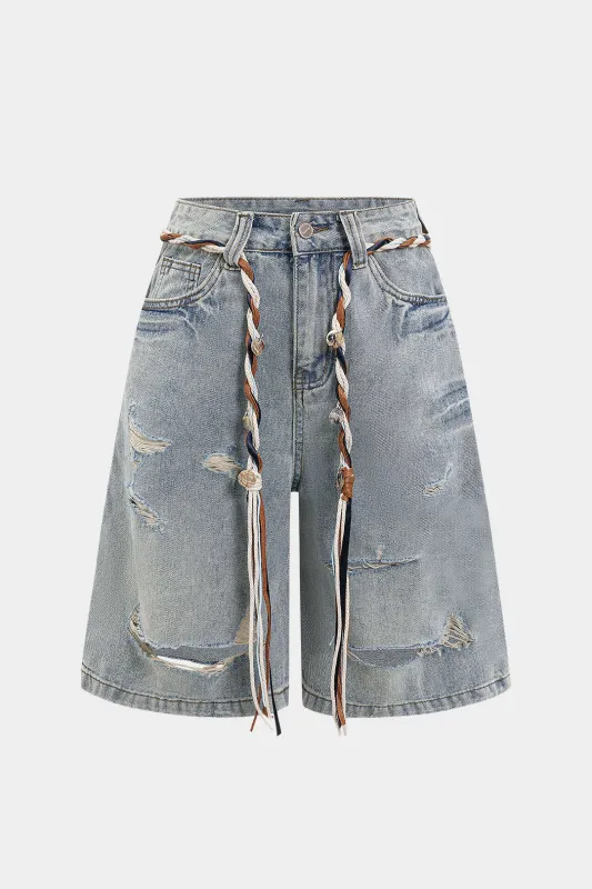 Denim rippede lommehorts med bælte sold by Micas