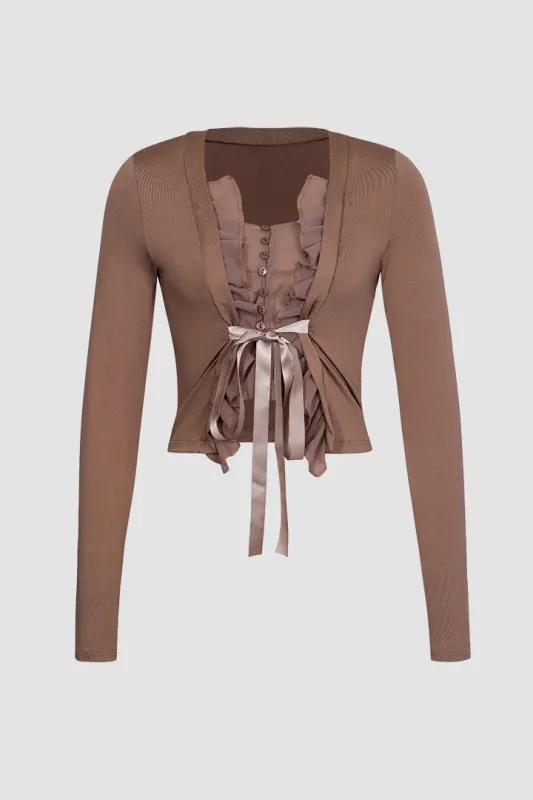 Mesh Frills Front Long Sleeves Top sold by Micas