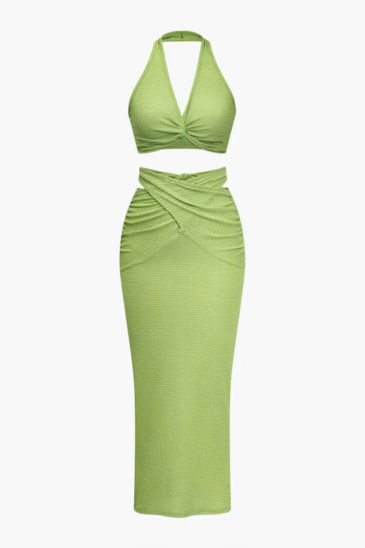 Solid udskåret rygfri slips tilbage twist knude nederdel sæt sold by Micas