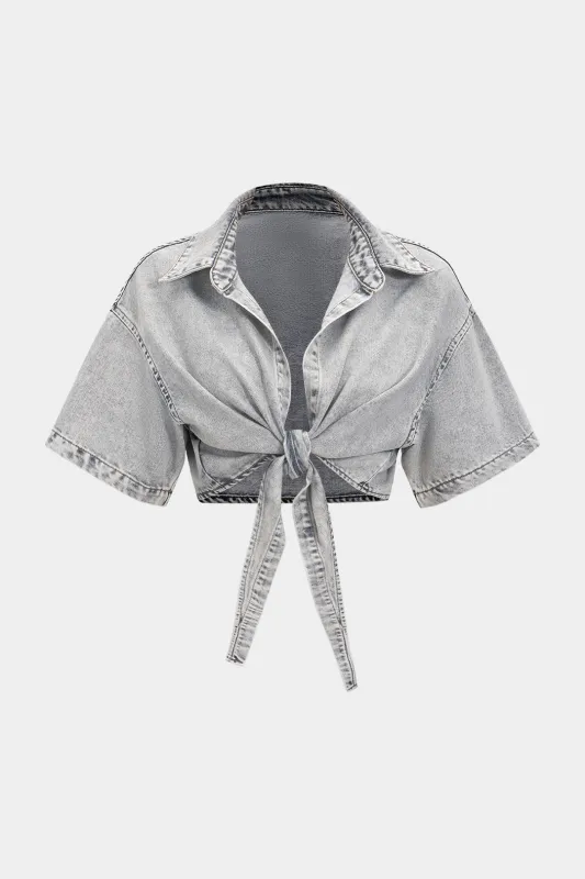 Denim vasket slips foran kortærmet shirt sold by Micas